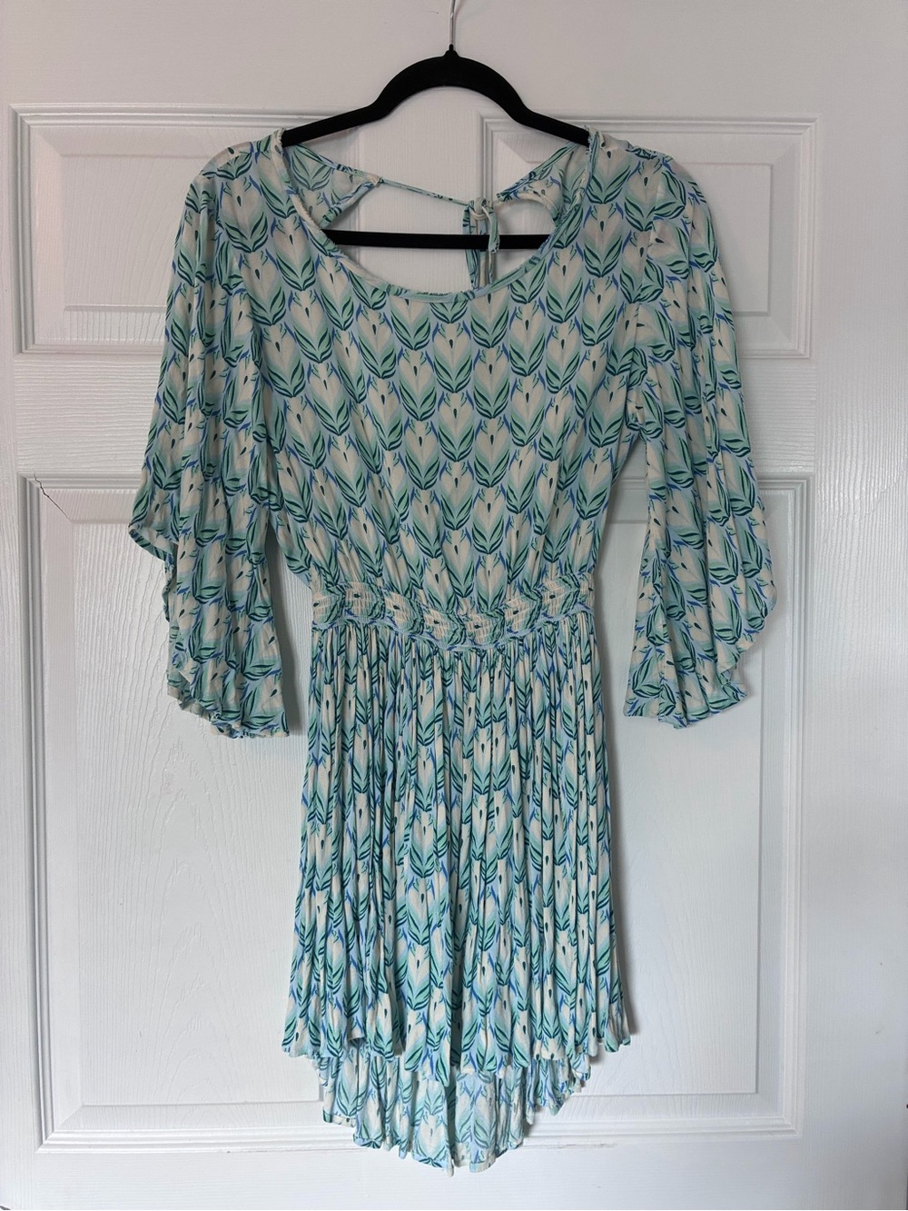 Olivaceous Blue & White Backless Pleated Waist Dress